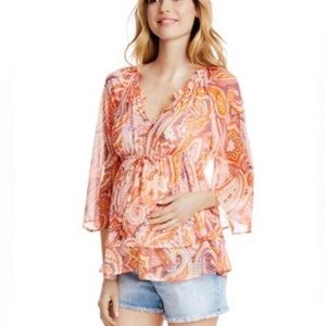 Jessica Simpson Maternity Paisley Ruffle Bell Sleeve Sheer Blouse, size M